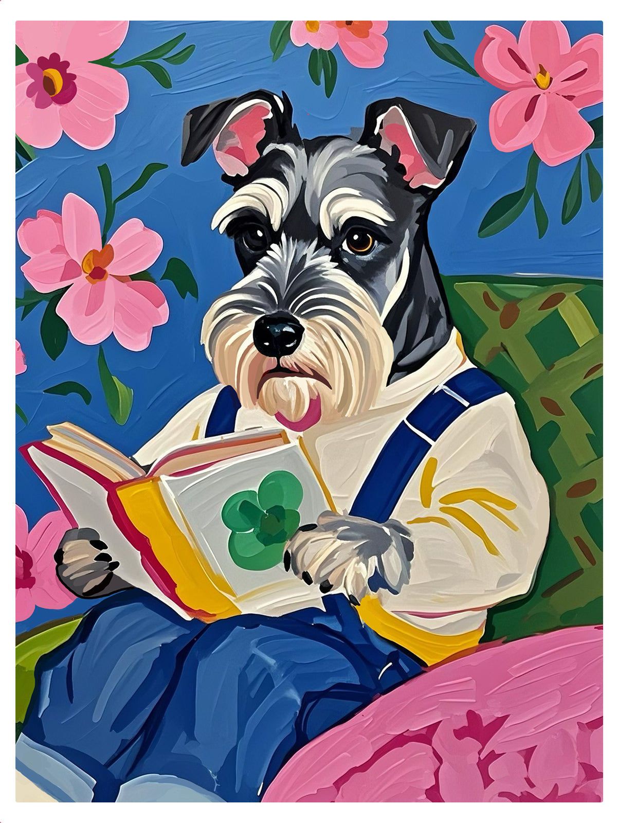 Schnauzer reading a book