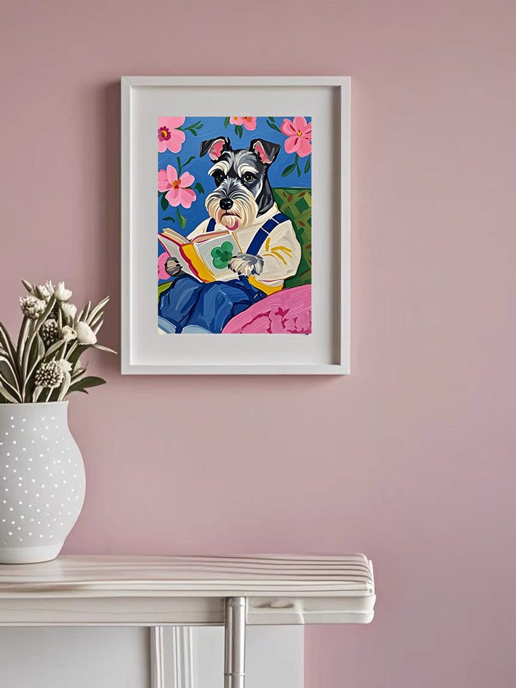 Schnauzer reading a book