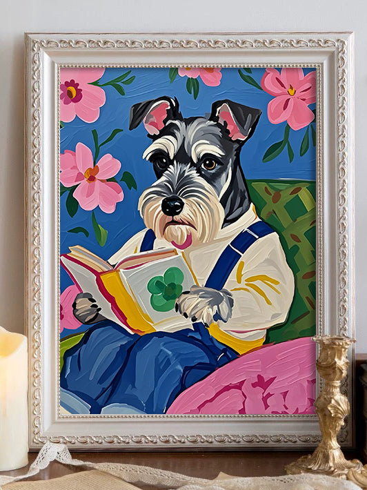 Schnauzer reading a book